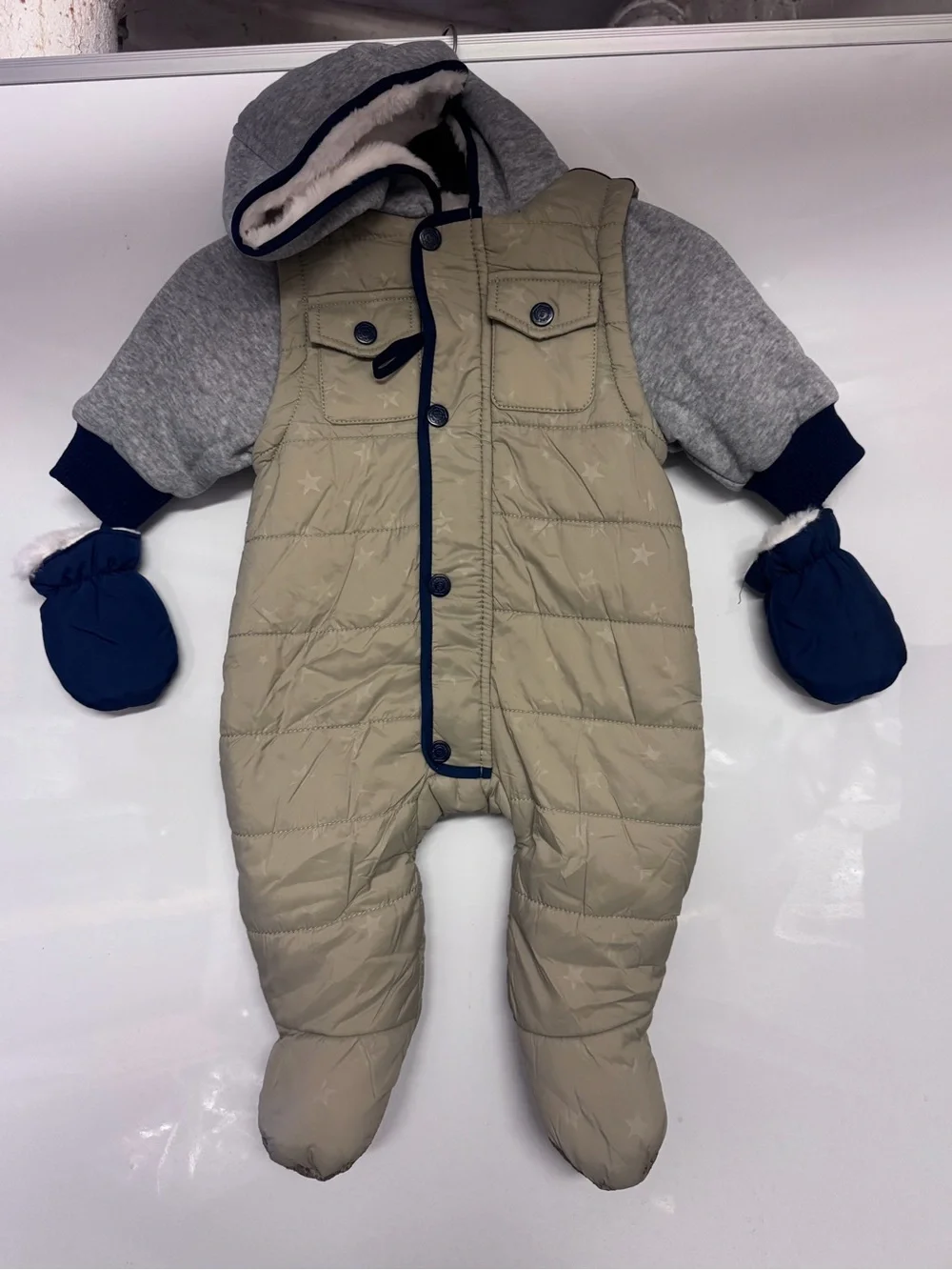 Kids Quilted Hooded One-Piece Snowsuit in Beige and Navy